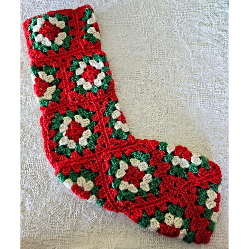 Vtg Handmade Crochet Christmas Stocking Granny Square Red Green White Retro Boho